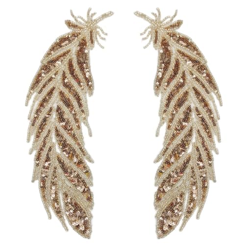 1 Paar Gestickte Paillettenperlen Federdekoration Stoffaufnäher Feather Stickpatches Spitzenapplikation Bestickte Applikationen zum Aufnähen für DIY Handwerk Hochzeit Kleiderdekoration,Roségold von Wambere