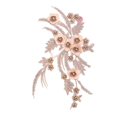 1 Stück 3D Stickerei Spitze Applikation Gestickte Spitze Ausschnitt Blumen Perle Tüll Besatz Besetzter Blumenstickerei Aufnäher Spitzenapplikation Für DIY Handwerk Kleidungsdekoration,Khaki Gold von Wambere