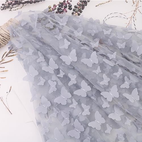 1 Yards Stickerei Schmetterling Spitze Stoff, Tüll Spitze Stoff Mesh Spitzenstof 3D Schmetterling Spitze Stoff Netz Tüll zum Nähen Basteln Vorhänge Bühne Kostüm Kleid Bekleidung,Grau von Wambere