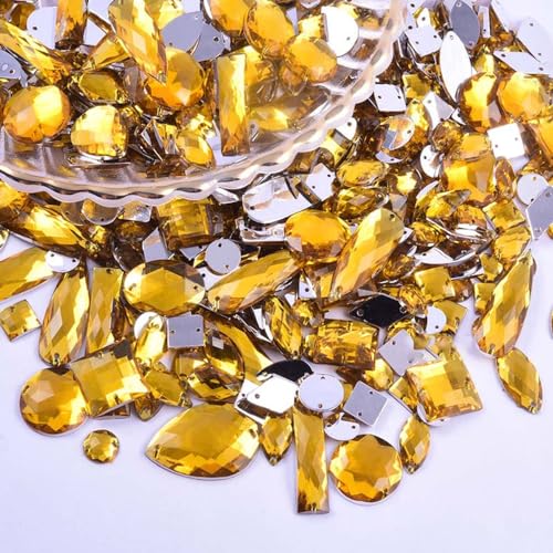 100 Stück Glitzersteine zum Annähen,Acrylsteine Strasssteine ​​zum Handnähen,Verschiedene Formen 4-30 mm Flache Strasssteine,für DIY Handwerk Kleidungsdekoration Nailart Zubehör,Gold von Wambere