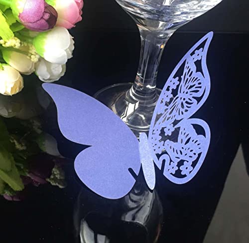 100 Stück Schmetterling Trichterwinde Tischkarten Namenskarten Glasanhänger Wandsticker für Tischdeko Hochzeit Party Haus Deco,Schmetterling Tischkarten Laser Platzkarten Namenskarten,Blau Lila von Wambere