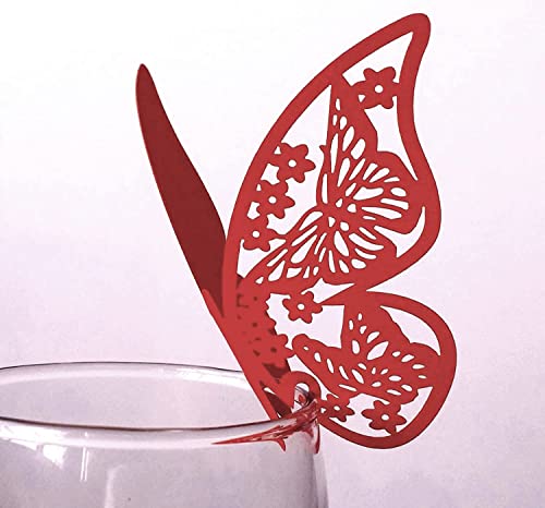 100 Stück Schmetterling Trichterwinde Tischkarten Namenskarten Glasanhänger Wandsticker für Tischdeko Hochzeit Party Haus Deco,Schmetterling Tischkarten Laser Platzkarten Namenskarten,Rot von Wambere