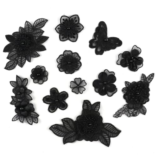 12 Stück Schwarz Organza Stickerei Spitze Blumen Applique Patches Sticker Aufnäher Applikation mit Perlen Spitzenpatches Stoffdekoration zum DIY Nähen Reparieren Basteln Kleidungsdekoration,Gemischt von Wambere