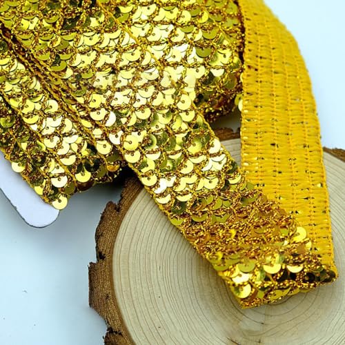 12 m 3,5cm Breite Paillettenband Nicht Elastische Paillettenspitze Glitzer Zierband Paillettenborte Paillettenbänder Paillettenbesatz für DIY Handwerk NäHen Kleidungsdekoration,Gold von Wambere