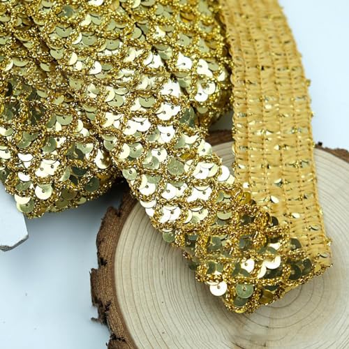 12 m 3,5cm Breite Paillettenband Nicht Elastische Paillettenspitze Glitzer Zierband Paillettenborte Paillettenbänder Paillettenbesatz für DIY Handwerk NäHen Kleidungsdekoration,Hell Gold von Wambere