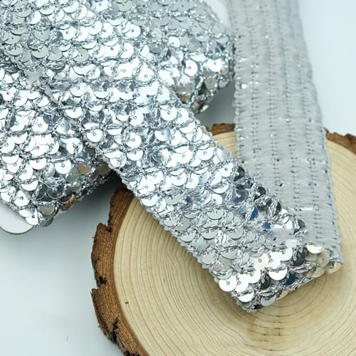 12 m 3,5cm Breite Paillettenband Nicht Elastische Paillettenspitze Glitzer Zierband Paillettenborte Paillettenbänder Paillettenbesatz für DIY Handwerk NäHen Kleidungsdekoration,Silber von Wambere