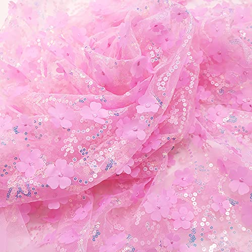 130cmx1 Yard Bestickter 3D-Pailletten-Blumen-Mesh-Stoff, Tüll Stoff Hochzeit Geburtstag Weihnachten Fest Kommunion Party Deko,Nähen von Brautschleiern Hochzeitskleid Tischläufer Tutu Röcken,Dunkelrosa von Wambere