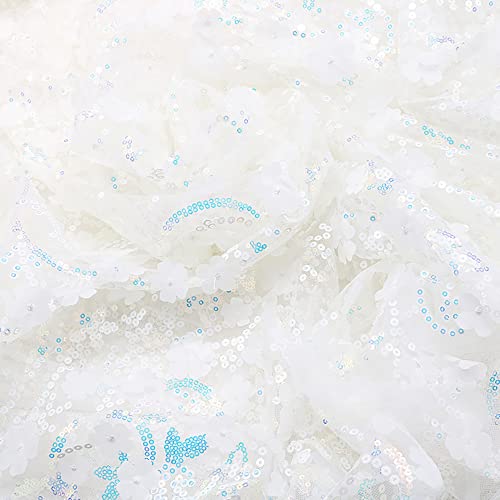 130cmx1 Yard Bestickter 3D-Pailletten-Blumen-Mesh-Stoff, Tüll Stoff für Hochzeit Geburtstag Weihnachten Fest Kommunion Party Deko,Nähen von Brautschleiern Hochzeitskleid Tischläufer Tutu Röcken,Weiss von Wambere