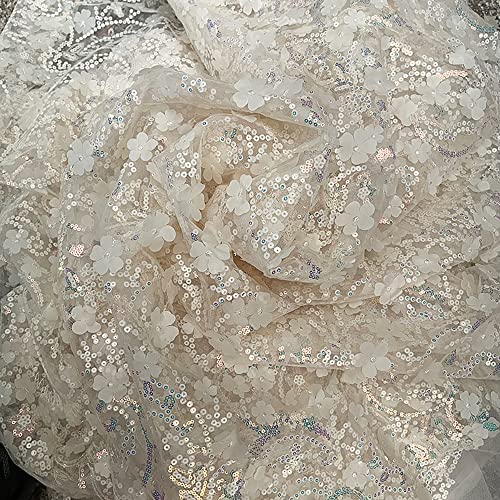 130cmx2 Yard Bestickter 3D-Pailletten-Blumen-Mesh-Stoff, Tüll Stoff für Hochzeit Geburtstag Weihnachten Fest Kommunion Party Deko,Nähen von Brautschleiern Hochzeitskleid Tischläufer Tutu Röcken,Beige von Wambere