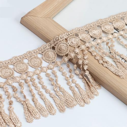 13m x 11cm Fransenband Fransenborte Bestickte Spitzeband Fransen Quasten Trim Spitzenborte Dekoband Zierband für DIY Basteln Hochzeit Nähzubehör Vorhang Bühnen Kleidungsdekoration,Beige von Wambere