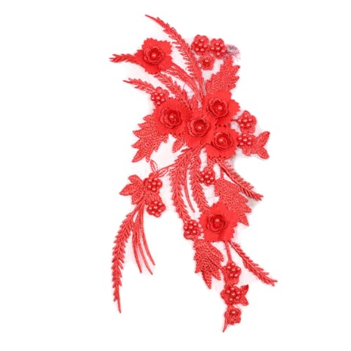 2 Stück 3D Stickerei Spitze Applikation Gestickte Spitze Ausschnitt Blumen Perle Tüll Besatz Besetzter Blumenstickerei Aufnäher Spitzenapplikation Für DIY Handwerk Kleidungsdekoration,Rot von Wambere