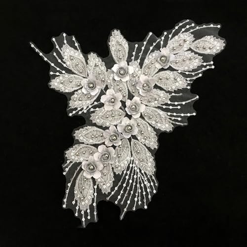 2 Stück Gestickter 3D Blumen Perle Spitzenkragen Blumen Bestickte Spitzenapplikation Stickerei Applikation Spitze Kragen Patches für DIY Nähen Handwerk Hochzeit Kleidungsdekoration,Silber von Wambere