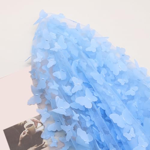 2 Yards Stickerei Schmetterling Spitze Stoff, Tüll Spitze Stoff Mesh Spitzenstof 3D Schmetterling Spitze Stoff Netz Tüll zum Nähen Basteln Vorhänge Bühne Kostüm Kleid Bekleidung,Blau von Wambere