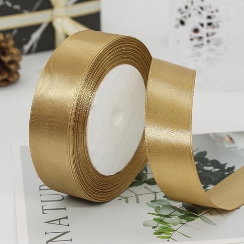 2.5cm x 22M Band Satinband Schleifenband Geschenkband Ribbon Satinbänder Stoffband Dekoband für DIY Basteln Geschenkverpackung Hochzeit Geburtstag Party Weihnachten Dekoration,Champagner Gold von Wambere