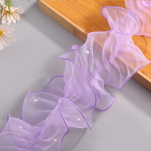 20m x 11cm Organza Rüschenband mit Perlen,Spitzen Borten Bänder Spitzenband Spitzenbordüre Spitzenbesatz Spitzenborte Zierband Dekoband für DIY Basteln Nähen Kleidungsdekoration,Lila von Wambere