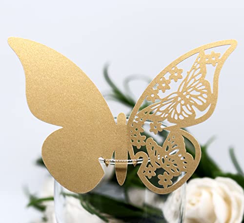 25 Stück Schmetterling Trichterwinde Tischkarten Namenskarten Glasanhänger Wandsticker für Tischdeko Hochzeit Party Haus Deco,Schmetterling Tischkarten Laser Platzkarten Namenskarten,Gold B von Wambere