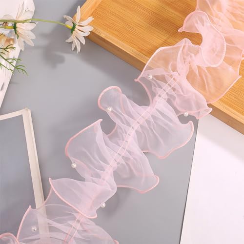 2m x 11cm Organza Rüschenband mit Perlen,Spitzen Borten Bänder Spitzenband Spitzenbordüre Spitzenbesatz Spitzenborte Zierband Dekoband für DIY Basteln Nähen Kleidungsdekoration,Hell-Pink von Wambere