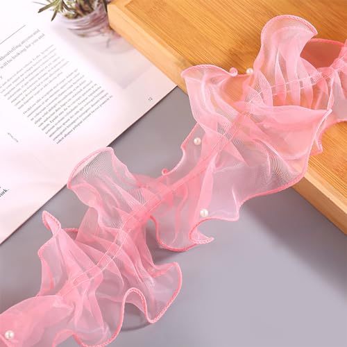 4m x 11cm Organza Rüschenband mit Perlen,Spitzen Borten Bänder Spitzenband Spitzenbordüre Spitzenbesatz Spitzenborte Zierband Dekoband für DIY Basteln Nähen Kleidungsdekoration,Rosa von Wambere