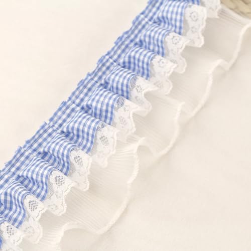 5 Yards 8cm Breite Rüschenspitze Karierte Plisseespitze Spitzenborte Spitzenband Spitzenbesatz Spitzenbänder Spitzenbordüren Dekoband Zierband für DIY Handwerk Kleidungsdekoration,Hellblau B von Wambere