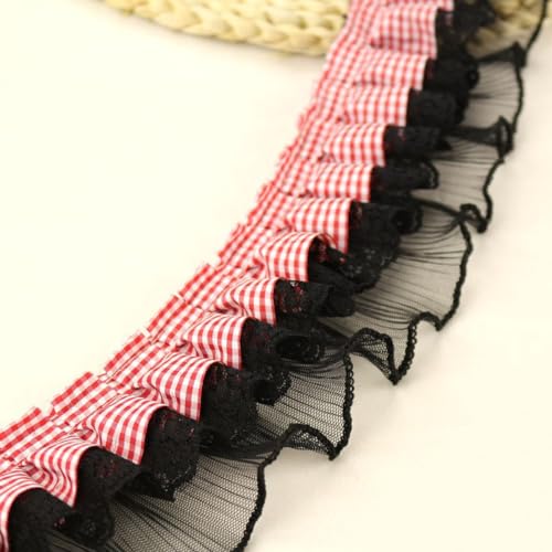 5 Yards 8cm Breite Rüschenspitze Karierte Plisseespitze Spitzenborte Spitzenband Spitzenbesatz Spitzenbänder Spitzenbordüren Dekoband Zierband für DIY Handwerk Kleidungsdekoration,Rot A von Wambere