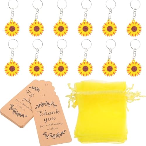 50 Stück Sonnenblumen Schlüsselanhänger mit Organza Beutel und Kraftpapier Anhänger,Hochzeit Taufe Anhänger für Hochzeitsdekoration Geburtstag Geschenk Danksagungsgeschenk Sommer Party Zubehör, von Wambere