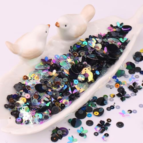 Ca. 480 Stück Gemischte Pailletten Ca. 20g Pailletten zum Basteln Lose Pailletten Sequin mit Loch Handnähen Pailletten für DIY Handwerk Schmuckherstellung Kleidungsdekoration,Schwarz von Wambere