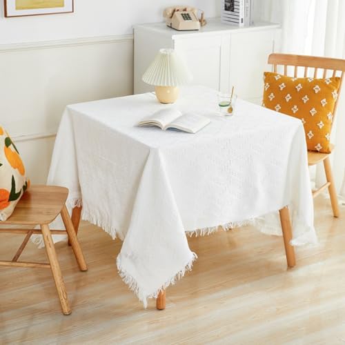 Wambere Tischdecken aus Baumwolle und Leinen Quasten Tischdecke Tischtuch Abwaschbar rutschfest Staubdicht Couchtisch Table Cloth Speisetisch für Küche Hochzeit Party Tischdekoration,Weiß C,90x150cm von Wambere