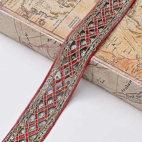 Wambere 10 Yards 4.2 cm Breite Mit Pailletten Besticktes Spitzenband,Vintage Band Stickerei Jacquard Borte Für DIY Nähen Bastelbedarf Kleidungskostümdekoration Hochzeitsfeierdekoration,Rot von Wambere