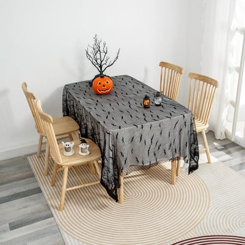 Wambere 140cm×350cm Halloween Schwarze Spitze Tischdecke,Spitzentischdecke Tischläufer Tabelrunner Tischdekoration für Halloween Party Thanksgiving Cosplay Kostümpartys Heimdekoration,Schläger von Wambere