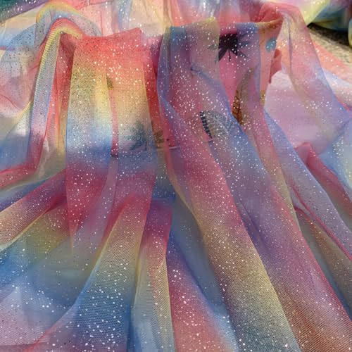 Wambere 200cm x 150cm Regenbogen Tüllstoff Meterware Bastel Tüll Glitzer Netzstoff Netzgewebe Tulle Fabric Tüll Deko Stoffe für DIY Nähen Kunsthandwerk Haarschmuck Kleidungsdekoration,Blau Rosa von Wambere