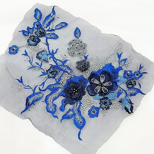 Wambere 3D Stickerei Spitze Applikation Perlen Spitze Blumenstickerei Tüll Stoff Spitzenapplikation Patch Lace Applique für DIY Nähen Ausschnitt Hochzeit Brautkleid Kleidung Handwerk,Blau von Wambere