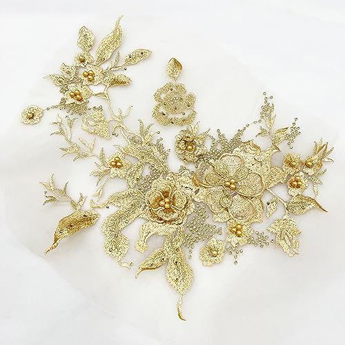 Wambere 3D Stickerei Spitze Applikation Perlen Spitze Blumenstickerei Tüll Stoff Spitzenapplikation Patch Lace Applique für DIY Nähen Ausschnitt Hochzeit Brautkleid Kleidung Handwerk,Hell Gold von Wambere