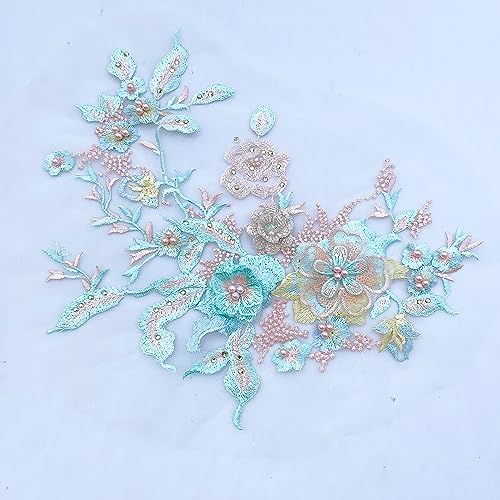 Wambere 3D Stickerei Spitze Applikation Perlen Spitze Blumenstickerei Tüll Stoff Spitzenapplikation Patch Lace Applique für DIY Nähen Ausschnitt Hochzeit Brautkleid Kleidung Handwerk,Hellblau von Wambere