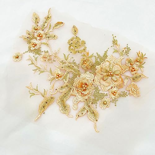 Wambere 3D Stickerei Spitze Applikation Perlen Spitze Blumenstickerei Tüll Stoff Spitzenapplikation Patch Lace Applique für DIY Nähen Ausschnitt Hochzeit Brautkleid Kleidung Handwerk,Sekt von Wambere