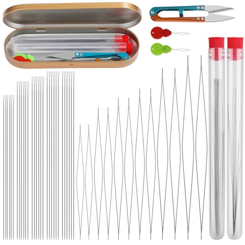 47 Stck Perlennadel Set, Perlennadeln für Rocailles, 6 Größen Perlennadeln für Kleine Perlen,5 Größen Rocailles Nadeln, Inklusive Schere Nadel Flasche und Karton für DIY die Schmuckherstellung von Wamkon