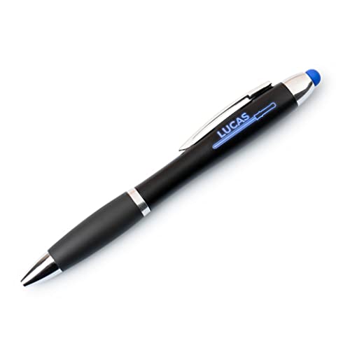 Wanapix | Kugelschreiber mit Name | mit Licht und Gravur | 1 Seite | blauer Tinte | LED-Pointer-Kugelschreibe | inclusiv Knopfzellenbatterie | Licht - Blau von Wanapix