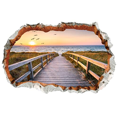 WandSticker4U®- 3D Wandtattoo MEERBLICK I Wandbild: 90x60 cm I Wandsticker Strand Meer Nordsee Steg Sonnenuntergang Poster I Wand Deko für Wohn- & Schlaf-zimmer Küche Flur Bad Aufkleber von WandSticker4U