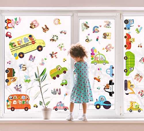 WandSticker4U®- [62 tlg. Set] wiederverwendbar Fensterbilder AUTO + BUCHSTABEN selbstklebend I Fenster Aufkleber Fenstersticker Kinder Junge Baustelle Fahrzeuge Bagger Tiere Frühling GROß von WandSticker4U