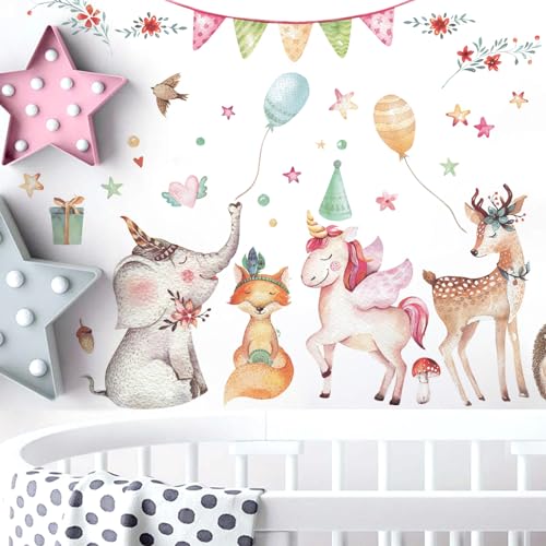 WandSticker4U®- Aquarell Wandsticker DSCHUNGEL PARTY (112x76 cm) I Baby Wandtattoo Wald-tiere Einhorn Elefant Fuchs Reh I Wand Aufkleber Kinderzimmer Mädchen & Junge Deko von WandSticker4U