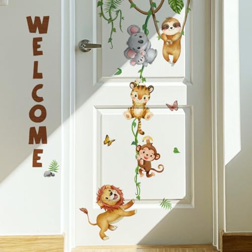 WandSticker4U®- Wandsticker DSCHUNGEL SPASS I Wandbild: 56x103 cm I Baby Wandtattoo Wald Tiere Tiger Löwe Affe Safari Deko Kinderzimmer I Tür Aufkleber Junge & Mädchen von WandSticker4U