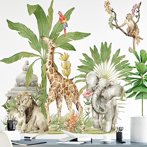 WandSticker4U®- Wandsticker SAFARI II I Wandbilder: 74x86 cm I Wandtattoo Kinderzimmer Wald-Tiere Dschungel Elefant Giraffe Löwe Affe I Wand Aufkleber Baby-zimmer Mädchen & Junge Deko von WandSticker4U