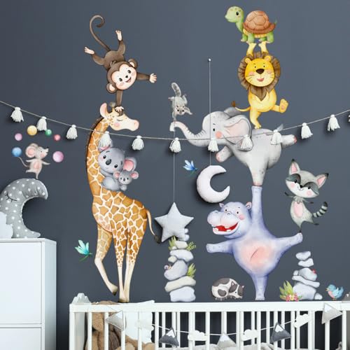 WandSticker4U®- Wandtattoo Kinderzimmer TIERE SAFARI (64x83 cm) I Wandsticker Tiere Afrika Giraffe Affe Löwe Zoo I Wandaufkleber Wald Dschungel Baby Jungen & Mädchen Deko GROß von WandSticker4U