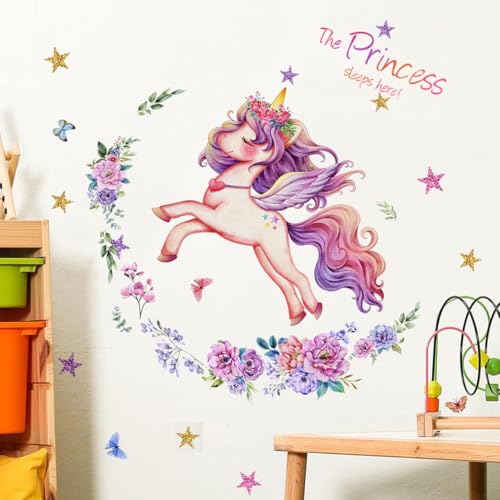 WandSticker4U®- Wandtattoo EINHORN Mädchen "The Princess sleeps here" (72x59 cm) I Wandsticker Kinderzimmer Mädchen Einhorn Prinzessin Blumen Sterne Wandaufkleber Mädchenzimmer Deko von WandSticker4U