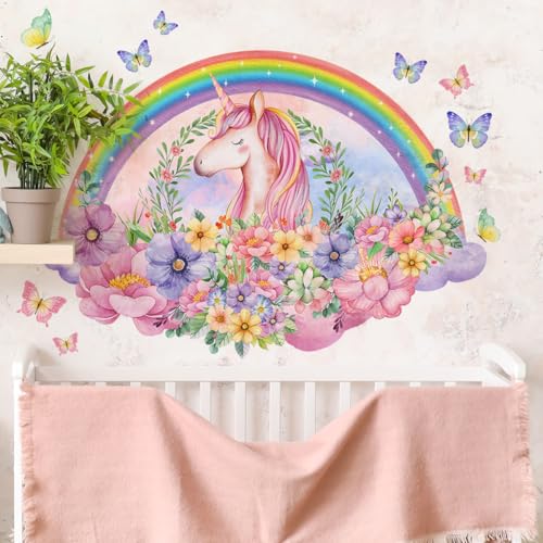 WandSticker4U®- Wandtattoo EINHORN & REGENBOGEN Mädchen XXL (95x68 cm) I Wandsticker Kinderzimmer Mädchen Einhorn Unicorn Blumen Wandaufkleber Wanddeko Prinzessin Mädchenzimmer GROß von WandSticker4U