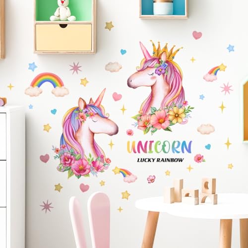 WandSticker4U®- Wandtattoo Einhörner Mädchen LUCKY RAINBOW (70x80 cm) I Wandsticker Kinderzimmer Mädchen Einhorn Regenbogen Blumen Sterne Wandaufkleber Mädchenzimmer Prinzessin Deko von WandSticker4U