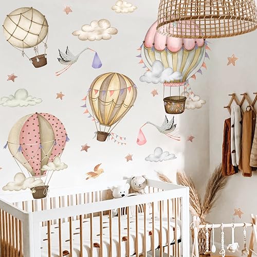 WandSticker4U®- XXL Wandtattoo HEISSLUFTBALLON & STÖRCHE Beige/Rosa (120x100 cm) I Baby Wandsticker Kinderzimmer Mädchen & Junge Wand Deko Möbel Aufkleber Sterne Wolken Vogel GROß von WandSticker4U