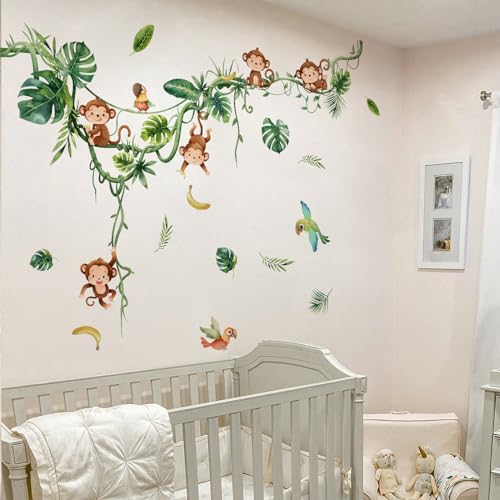 WandSticker4U®- Wandtattoo Kinderzimmer DSCHUNGEL-AFFEN I Wandbild: 143 x 111 cm I Wandsticker Tiere wild Jungle Abenteuer Zoo Blätter grün I Wand Aufkleber Baby-zimmer Mädchen & Junge Deko von WandSticker4U