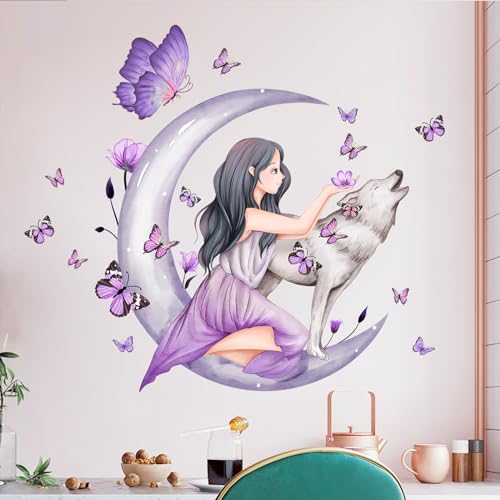 WandSticker4U®- Wandtattoo Kinderzimmer MÄDCHEN AUF DEM MOND I Wandbild: 70x75 cm I Wandsticker lila Schmetterlinge Wolf Fee Nacht I Wand Aufkleber Mädchen-zimmer Jugend Teenager Deko von WandSticker4U