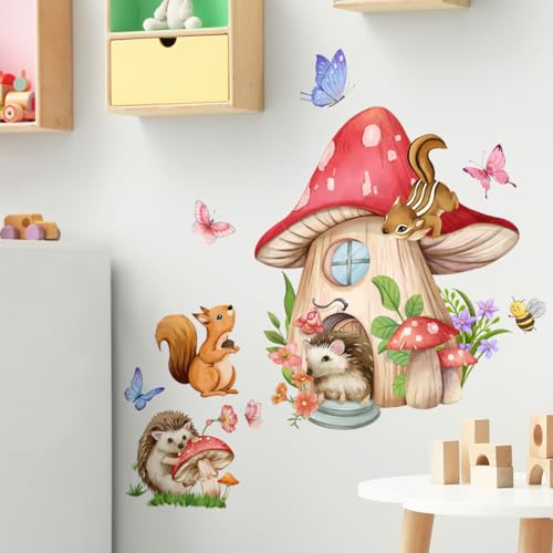 WandSticker4U® - Wandtattoo WALDFREUNDE IM PILZHAUS I Wandbild: 46 x 52 cm I Fligenpilz Igel Eichhörnchen Schmetterling Tiere I Wand Aufkleber Baby-zimmer Kinderzimmer Mädchen & Junge Deko von WandSticker4U