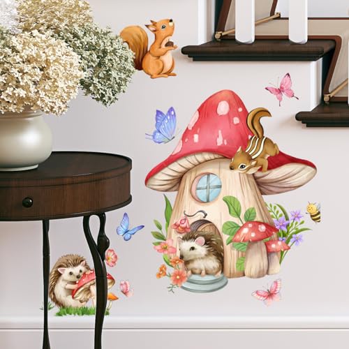 WandSticker4U®- Wandtattoo PILZHAUS Kinderzimmer (46x52 cm) I Wandsticker Tiere Igel Eichhörnchen Pilz Schmetterling I Wandaufkleber Babyzimmer Mädchen & Junge Deko von WandSticker4U